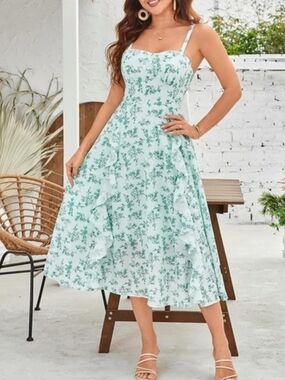Belle Poque Women’s Boho Ruffle Wedding Guest Sun Midi Dress S